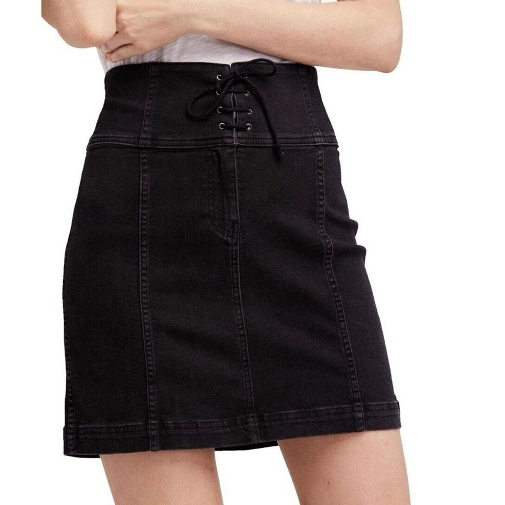 Free People Black Grey Femme Lace-Up Denim Mini Skirt